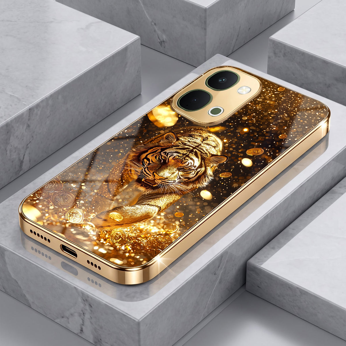 Vivo T5X 5G Luxury Tiger Gold Electroplated Glass Phone Back Case