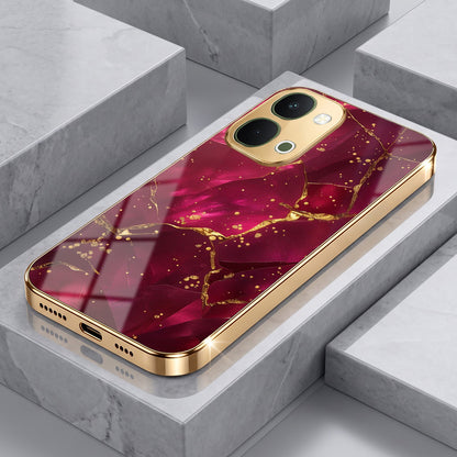 Vivo T5X 5G Luxury Crimson Marble Gold Electroplated Glass Phone Back Case