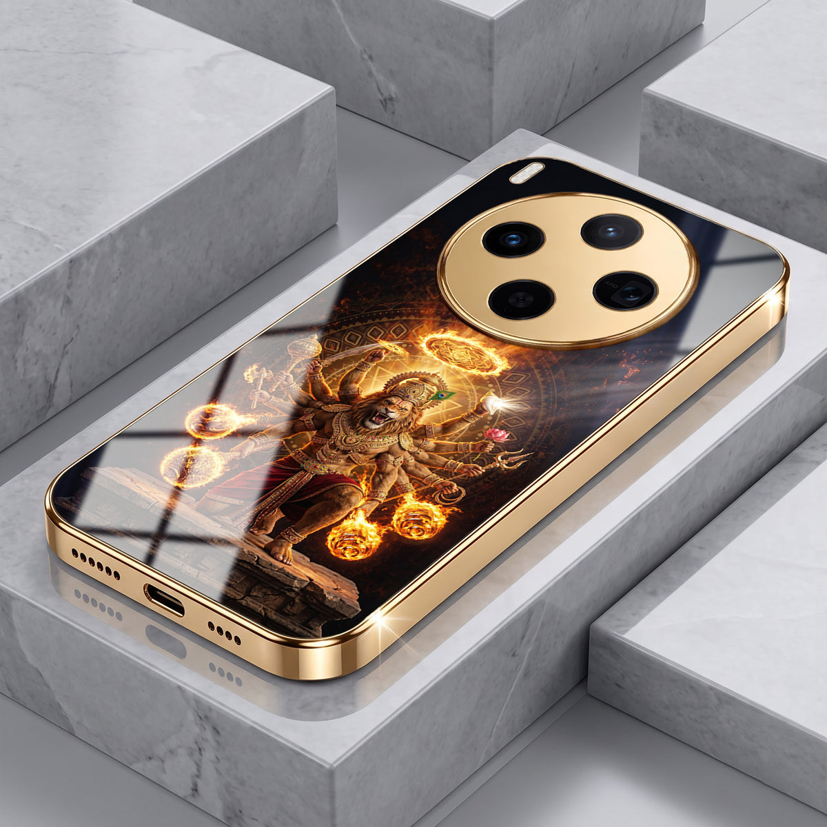 Vivo X300 5G Lord Narasimha Gold Electroplated Glass Phone Back Case