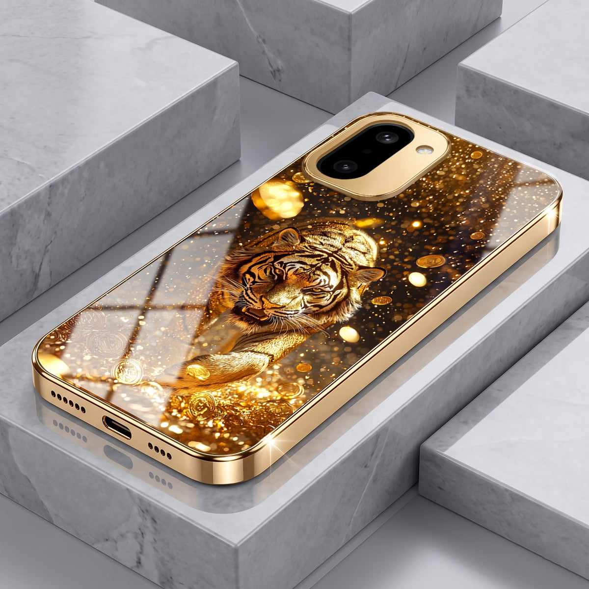 OnePlus 15R 5G Luxury Tiger Gold Electroplated Glass Phone Back Case