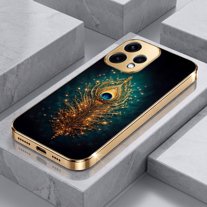 Oppo Reno 15 5G Golden Peacock Feather Gold Electroplated Glass Phone Back Case