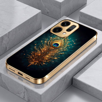 Oppo Reno 14 5G Golden Peacock Feather Gold Electroplated Glass Phone Back Case