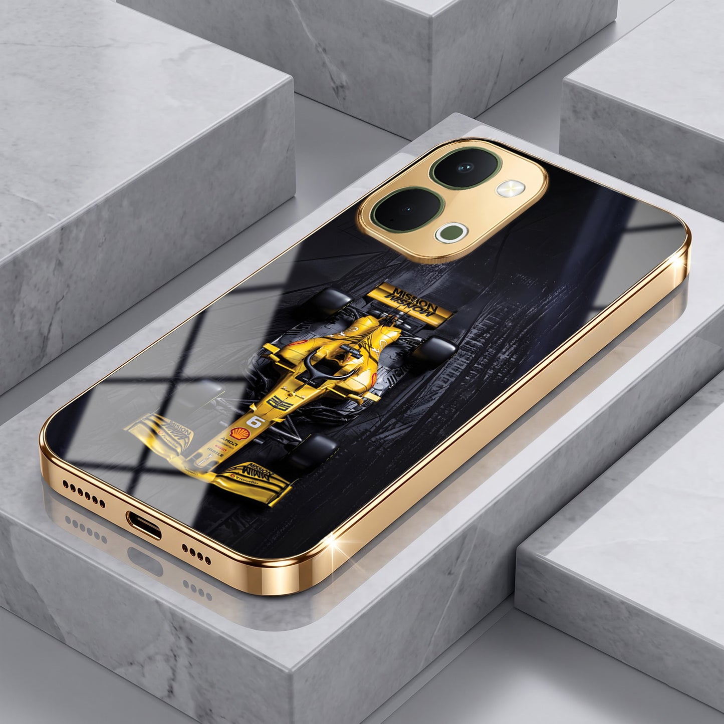 Vivo T5x 5G F1 Racing Car Gold Electroplated Glass Phone Back Case