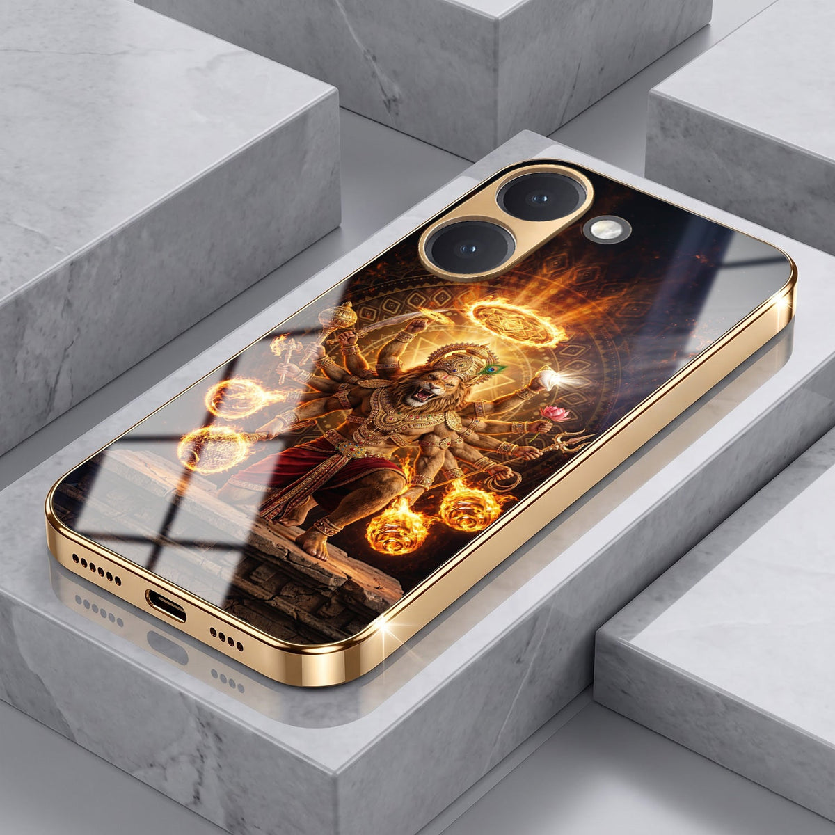 Poco X8 Pro 5G Lord Narasimha Gold Electroplated Glass Phone Back Case