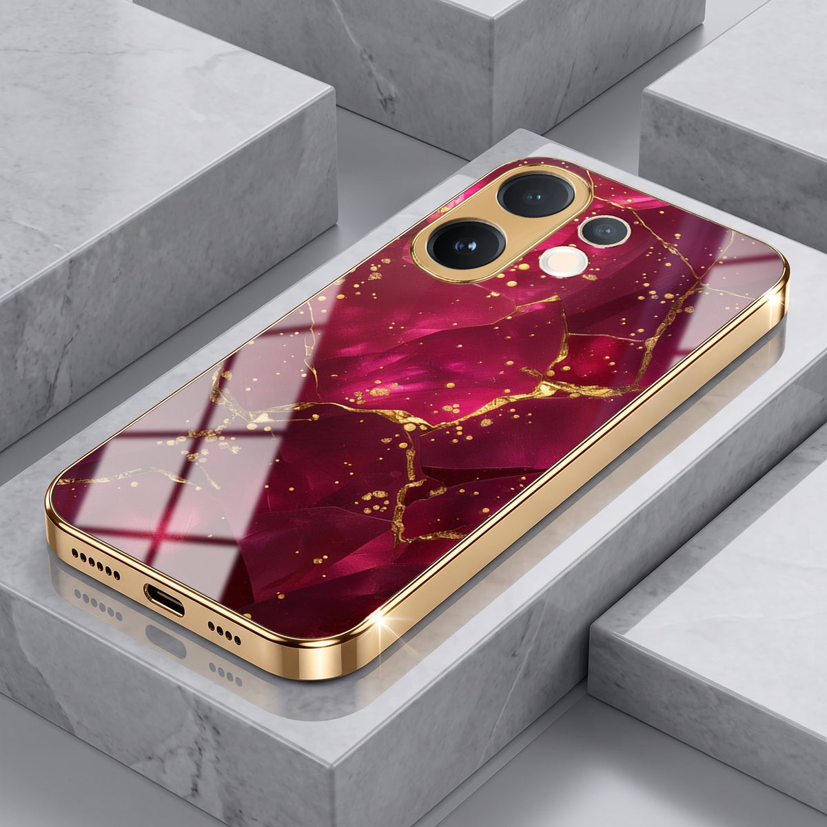 Vivo V60 5G Luxury Crimson Marble Gold Electroplated Glass Phone Back Case