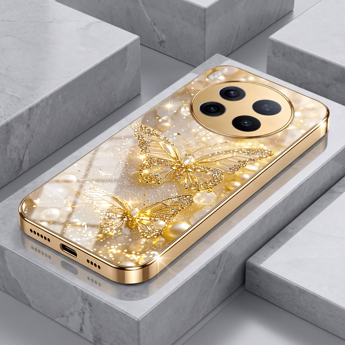 Vivo X300 Pro 5G Golden Butterfly Gold Electroplated Glass Phone Back Case