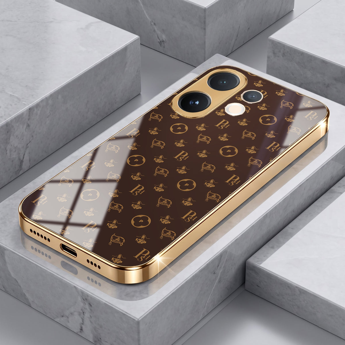 Vivo V60 5G Luxury Monogram Brown Gold Electroplated Glass Phone Back Case