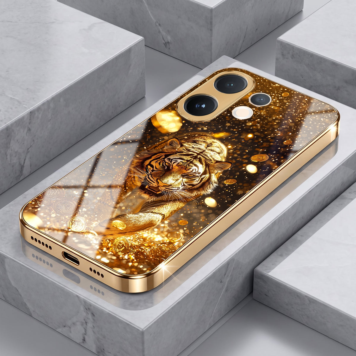 Vivo V60 5G Luxury Tiger Gold Electroplated Glass Phone Back Case