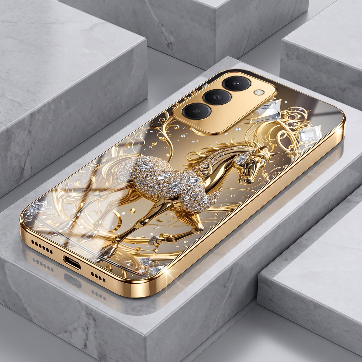 Redmi 15 5G Luxury Horse Texture Gold Electroplated Glass Phone Back Case