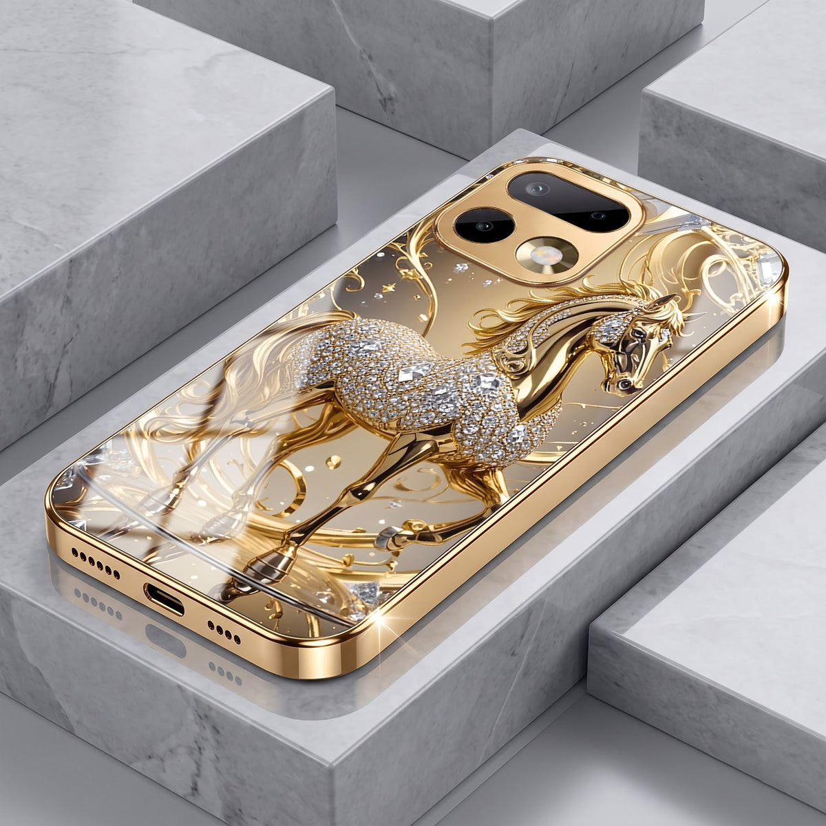 Realme 16 Pro+ 5G Luxury Horse Texture Gold Electroplated Glass Phone Back Case
