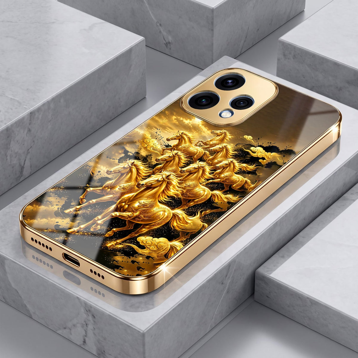 Oppo Reno 15 5G Celestial Seven Horses Gold Electroplated Glass Phone Back Case