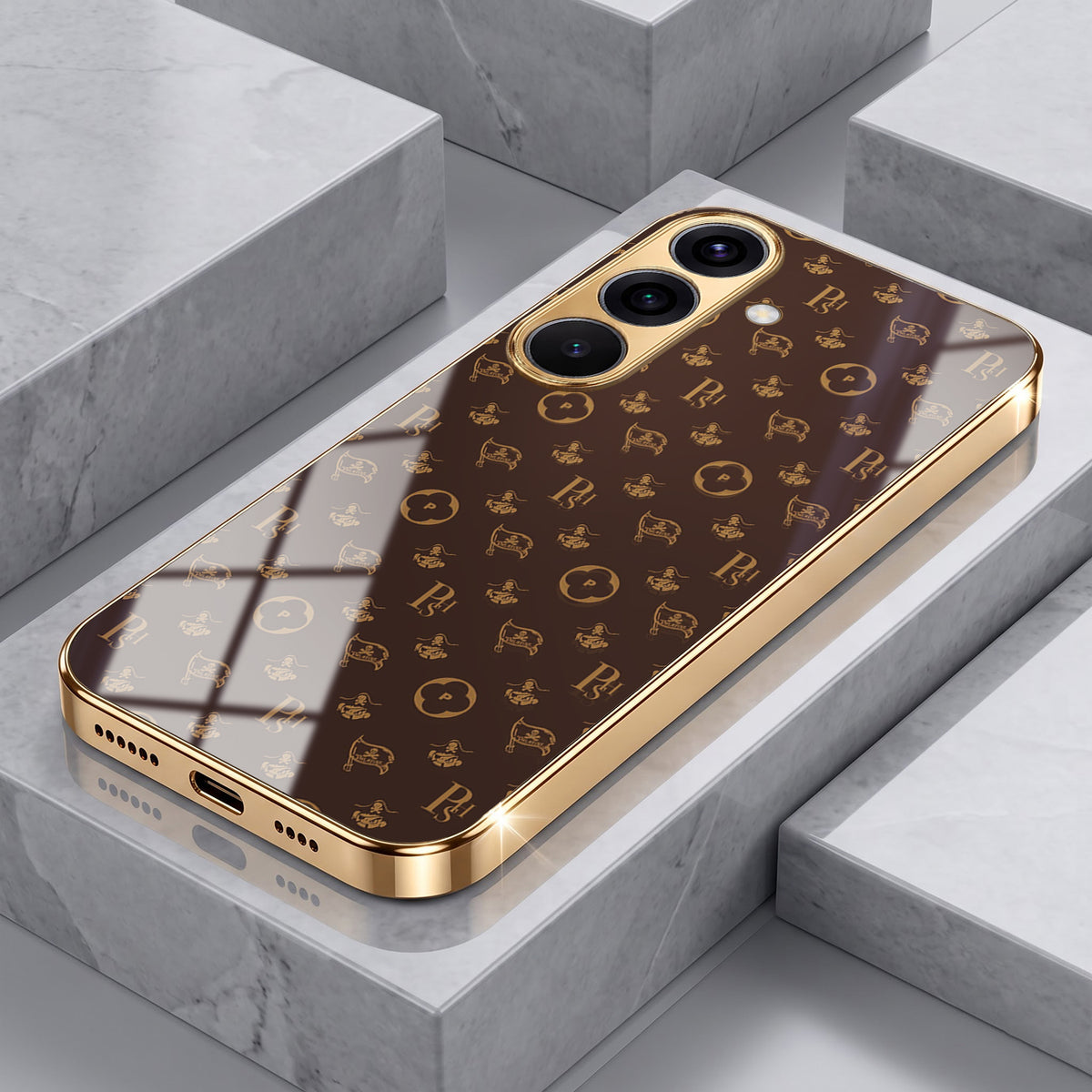 Samsung Galaxy A36 5G Luxury Monogram Brown Gold Electroplated Glass Phone Back Case