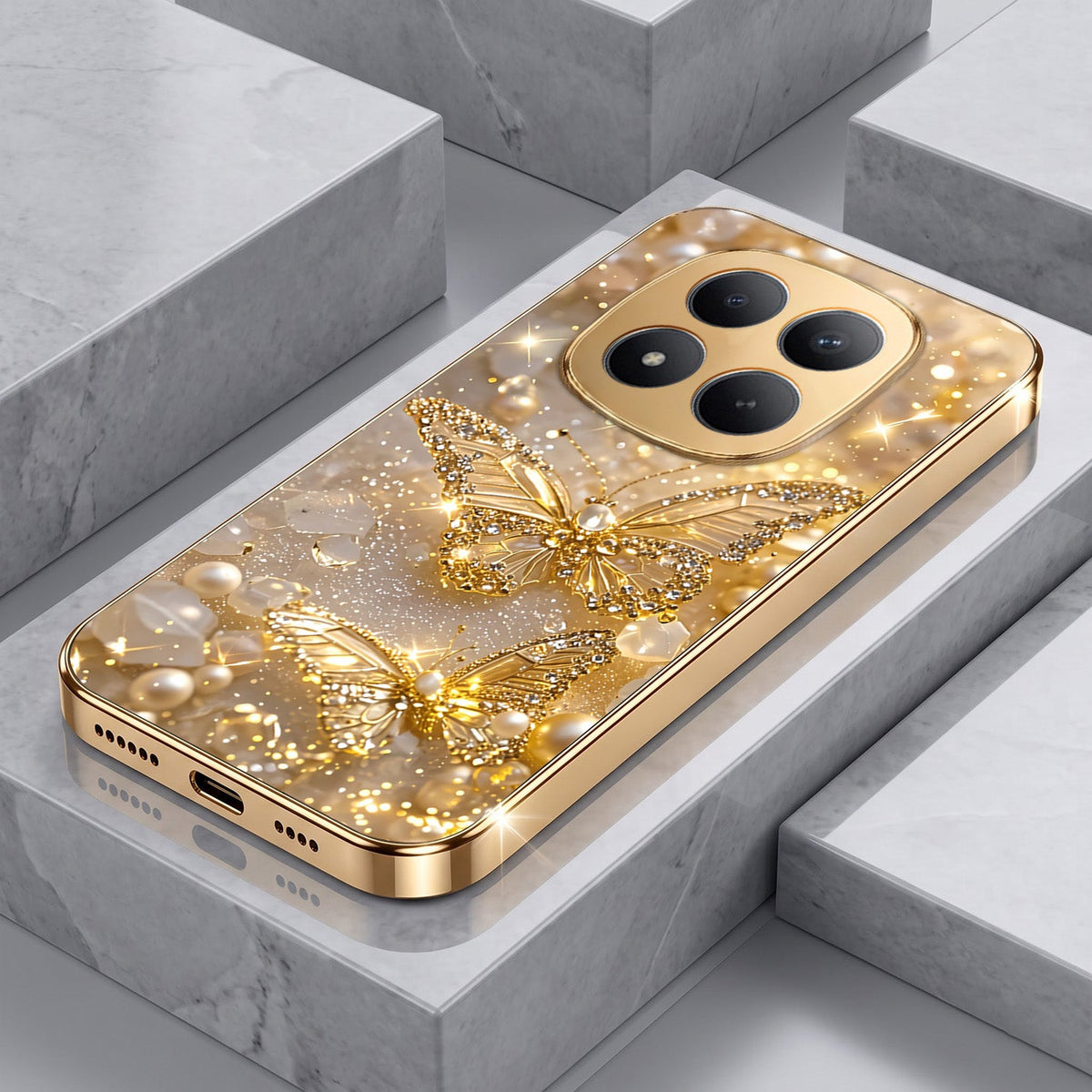 Redmi Note 15 Pro+ 5G Golden Butterfly Gold Electroplated Glass Phone Back Case