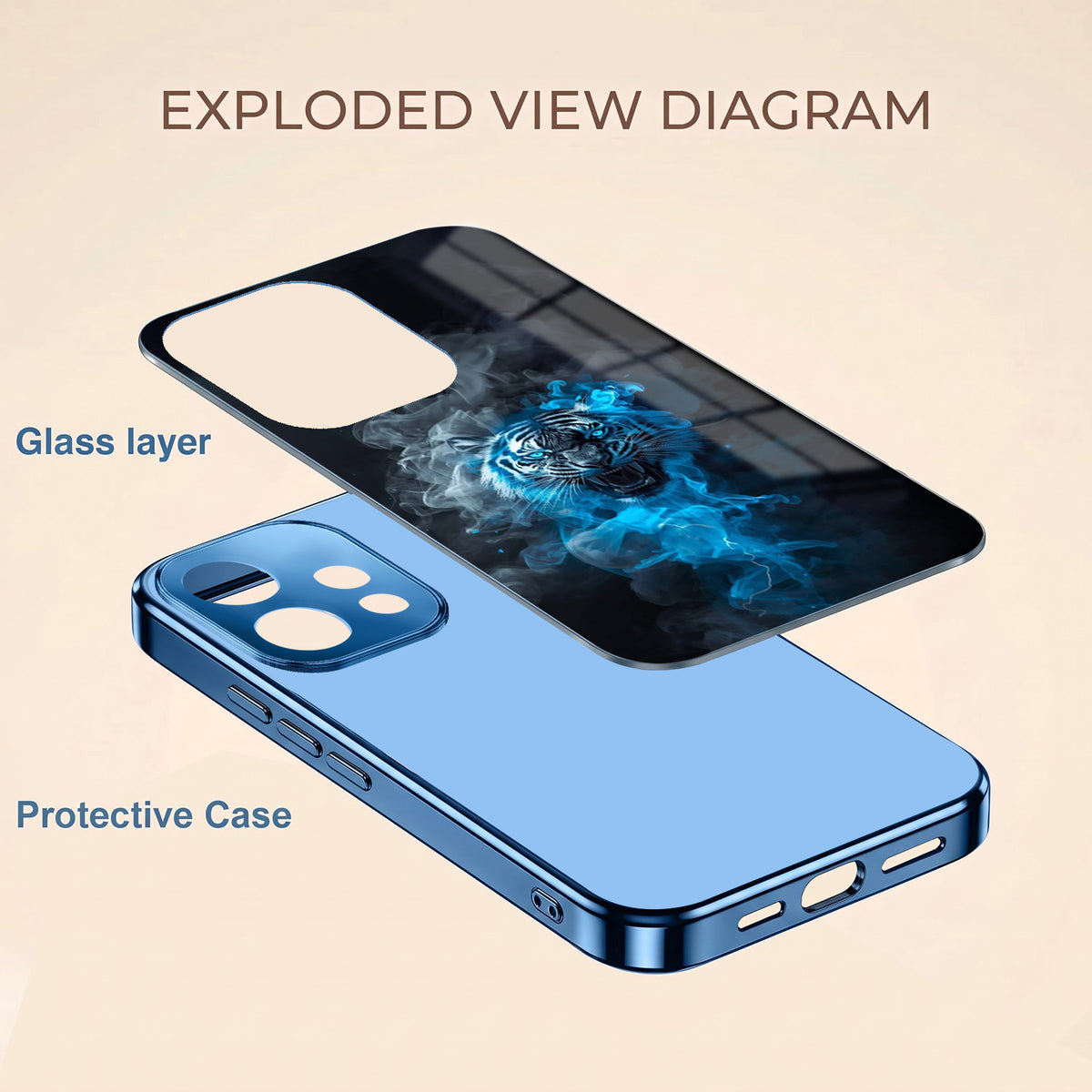 Oppo Reno 15 5G Thunder Titan Lion Blue Electroplated Glass Phone Back Case