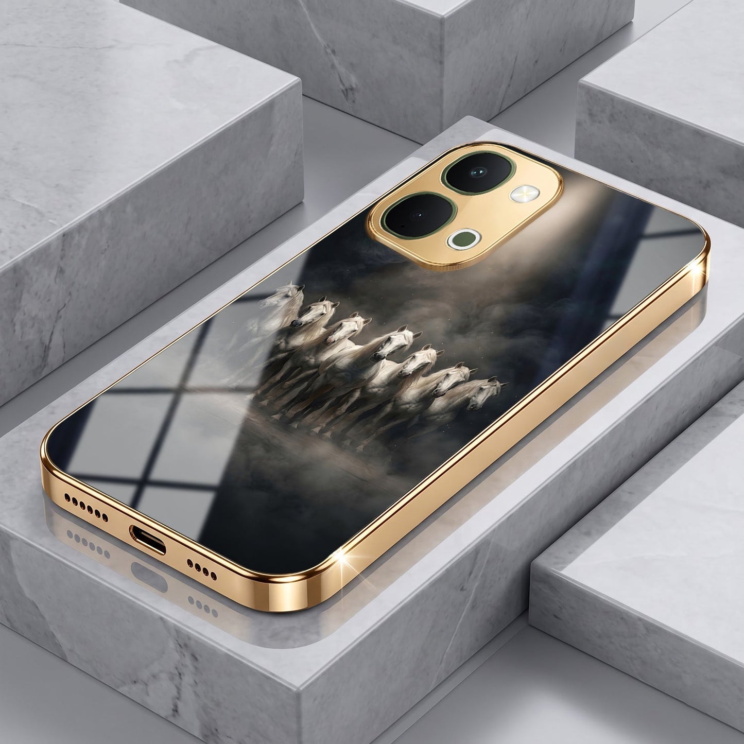 Vivo T5x 5G Running Horses Gold Electroplated Glass Phone Back Case