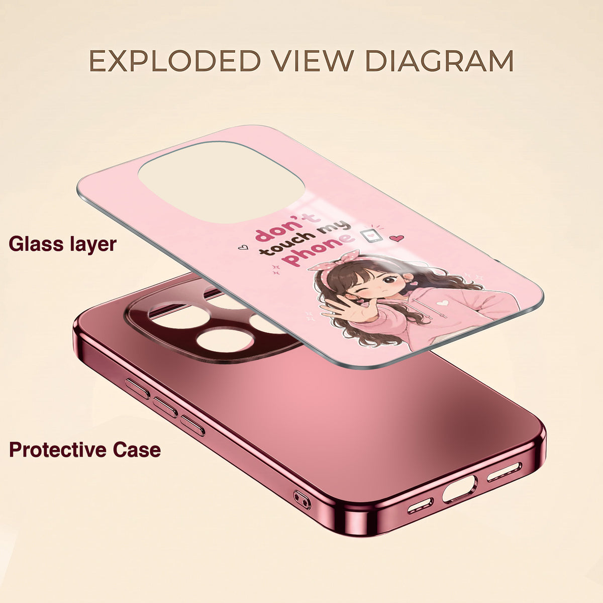 Redmi Note 15 Pro+ 5G Luxury Anime Girl Pink Electroplated Glass Phone Back Case