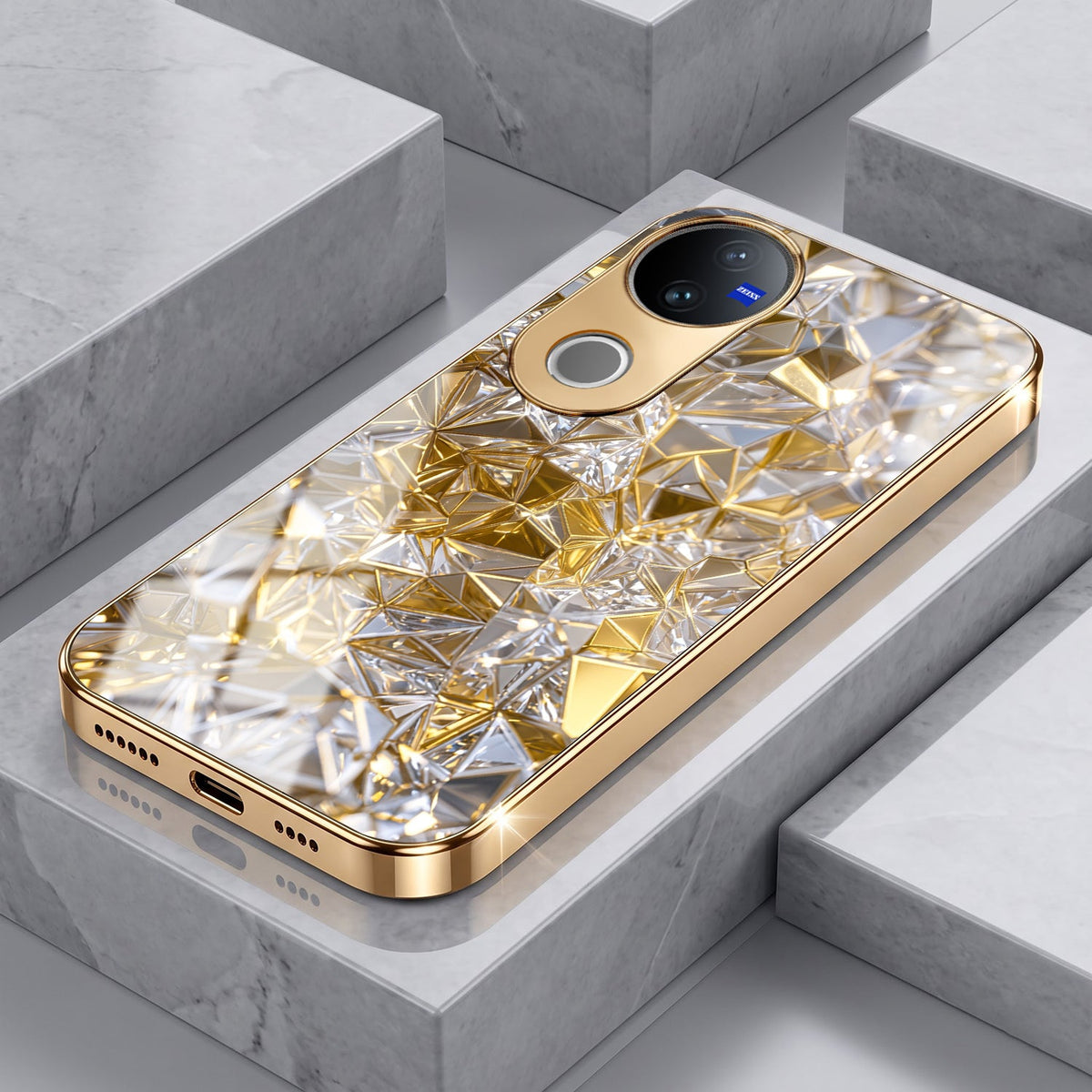 Vivo V50 5G White Diamond Shatter Gold Electroplated Glass Phone Back Case