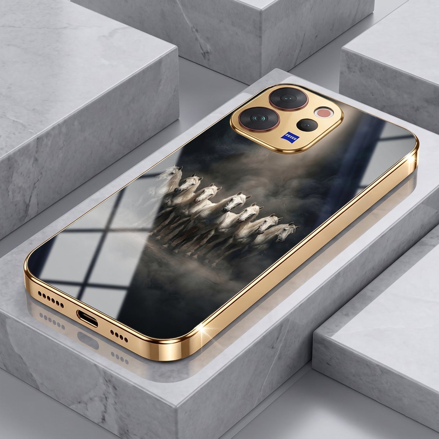 Vivo V70 5G Running Horses Gold Electroplated Glass Phone Back Case