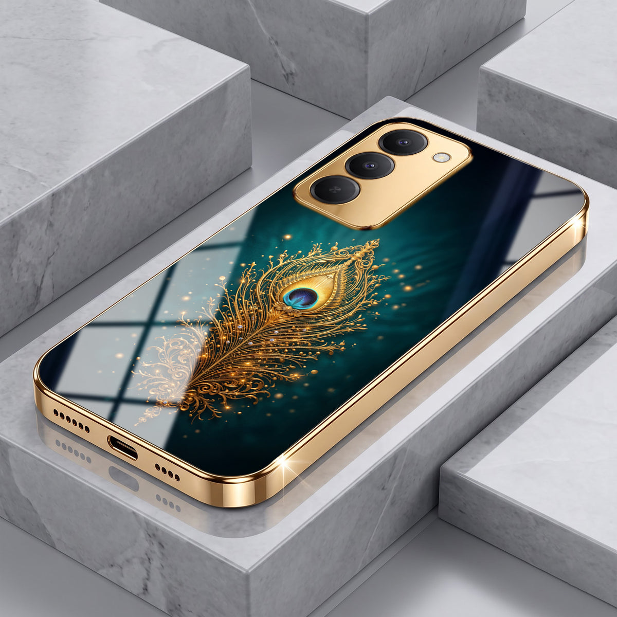 Redmi 15 5G Golden Peacock Feather Gold Electroplated Glass Phone Back Case