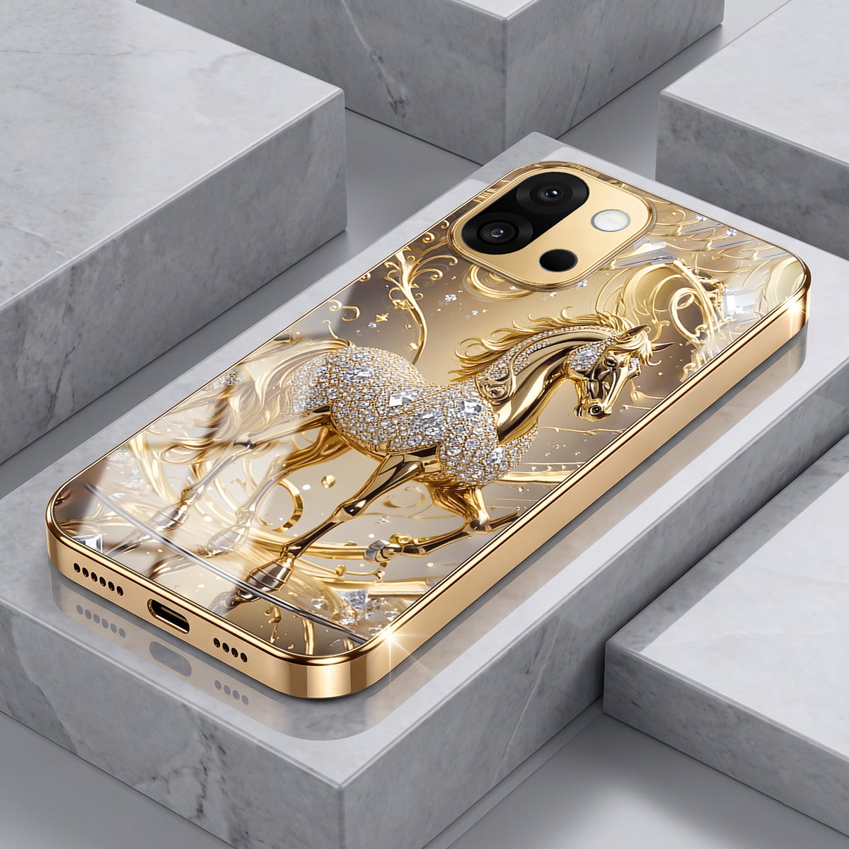 OnePlus 13s 5G Luxury Horse Texture Gold Electroplated Glass Phone Back Case