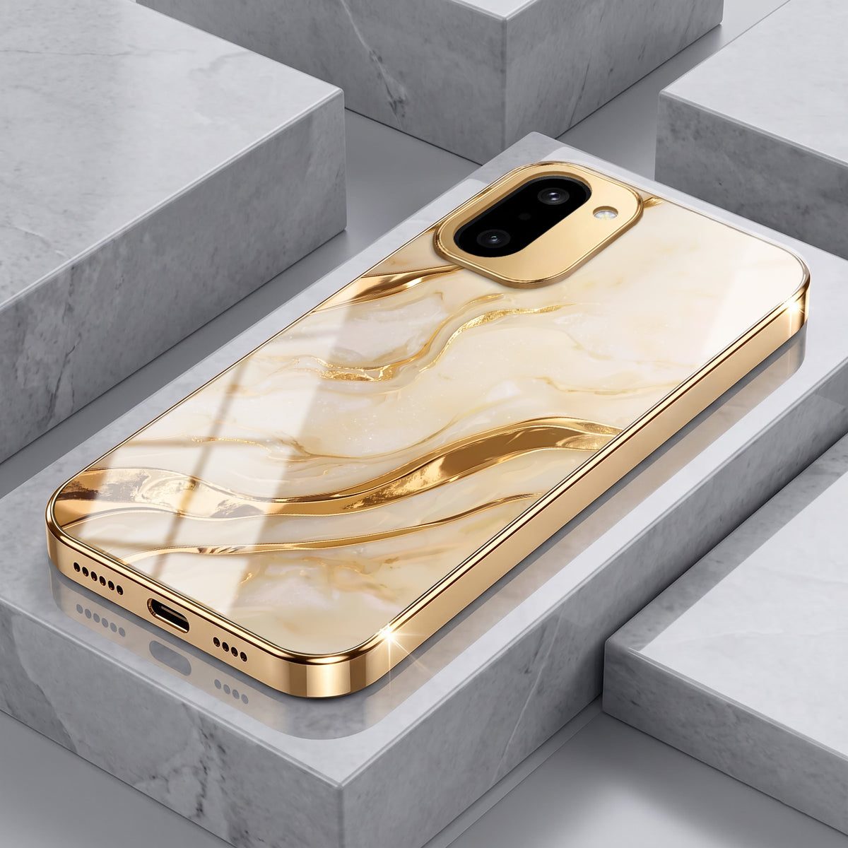 OnePlus 15R 5G Marvel Texture Gold Electroplated Glass Phone Back Case