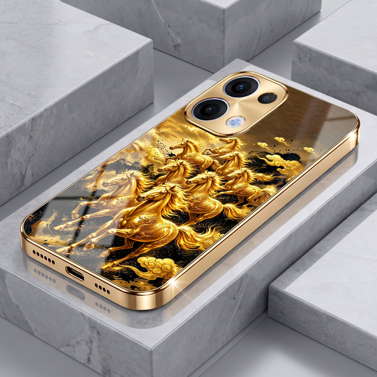 Oppo Reno 13 5G Horses Royal Glory Gold Electroplated Glass Phone Back Case