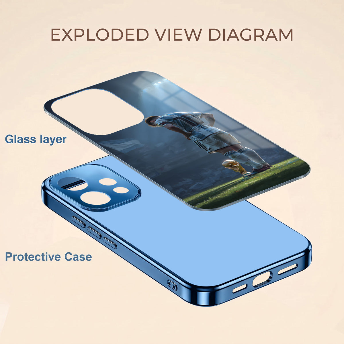 Oppo Reno 15 5G Football Champion Blue Electroplated Glass Phone Back Case