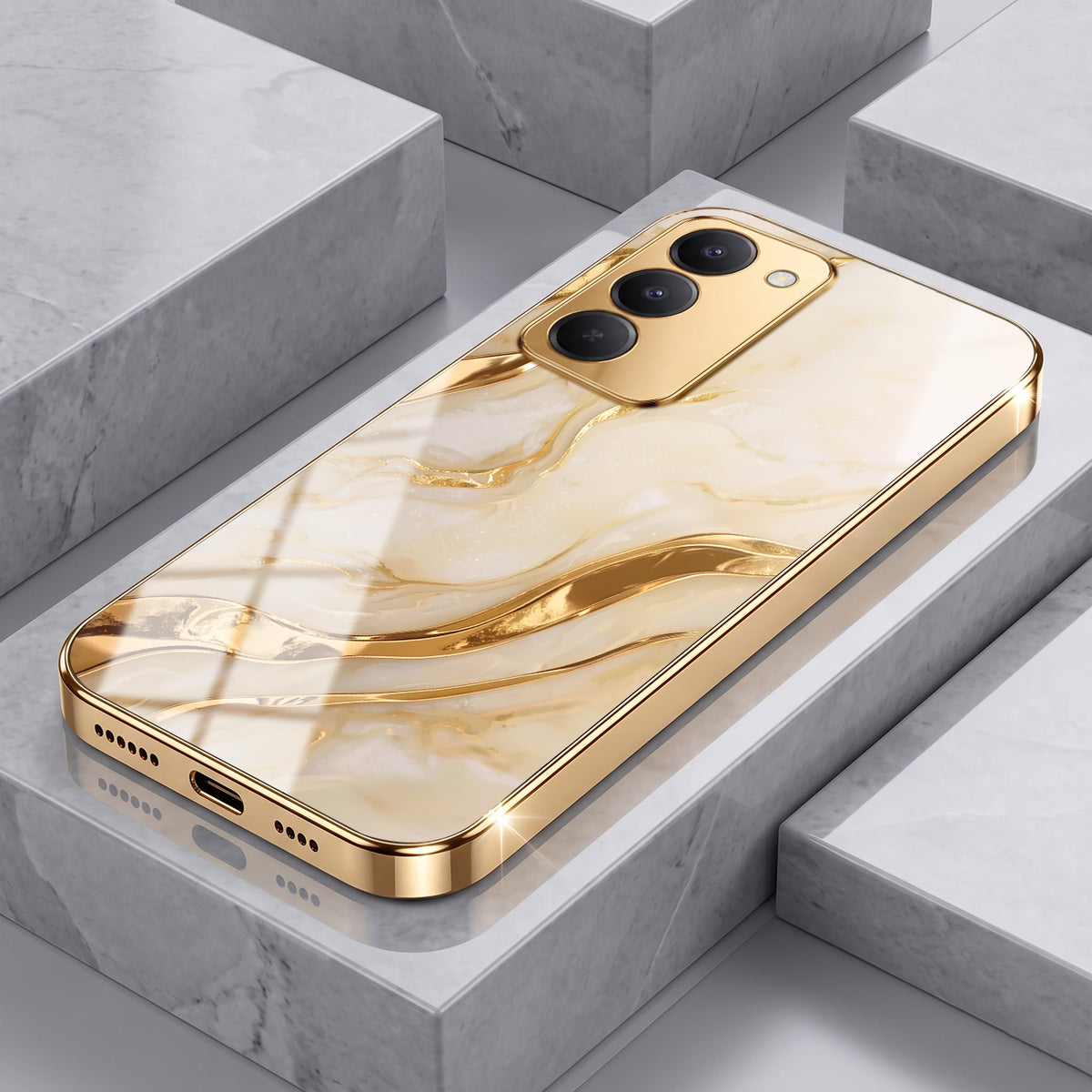 Redmi 15 5G Marvel Texture Gold Electroplated Glass Phone Back Case