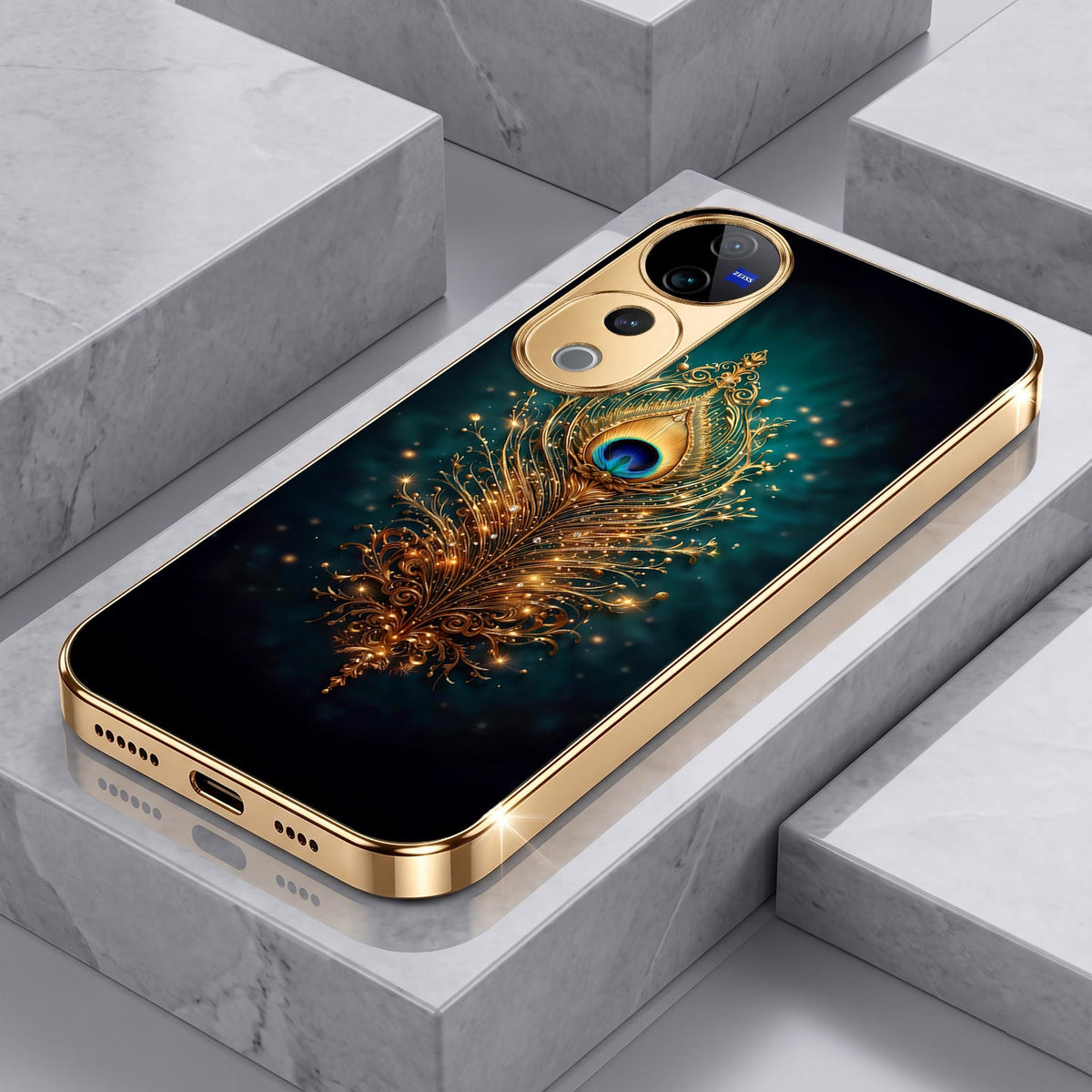 Vivo V40 Pro 5G Golden Peacock Feather Gold Electroplated Glass Phone Back Case
