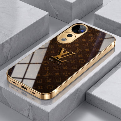 Vivo V40 Pro 5G LV Brown Monogram Gold Electroplated Glass Phone Back Case