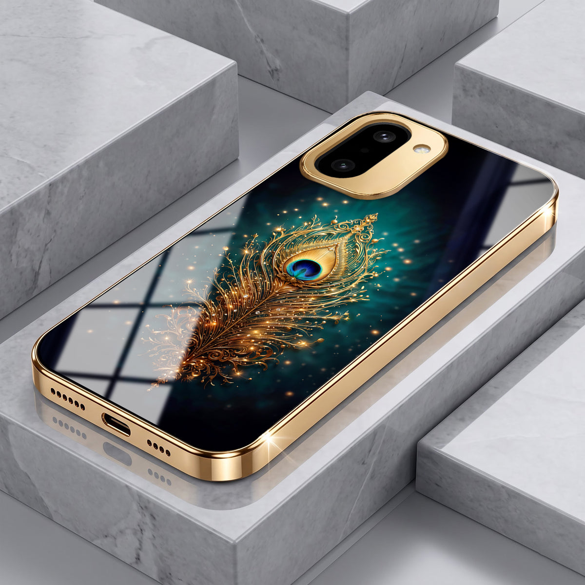 OnePlus 15R 5G Golden Peacock Feather Gold Electroplated Glass Phone Back Case