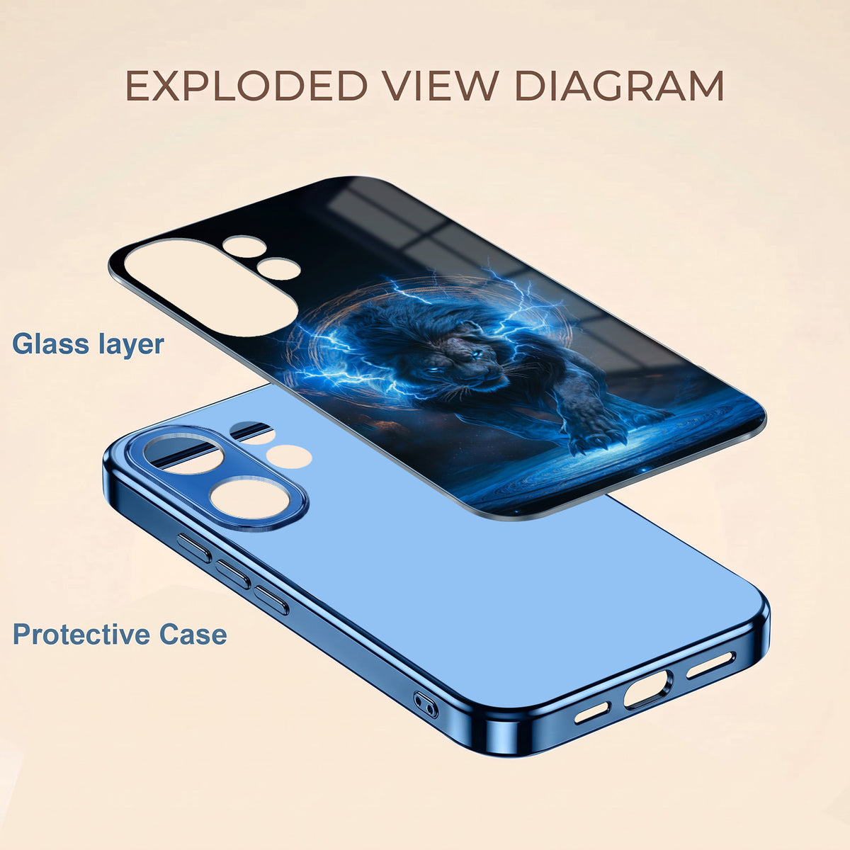 Vivo V60 5G Thunder Titan Lion Blue Electroplated Glass Phone Back Case