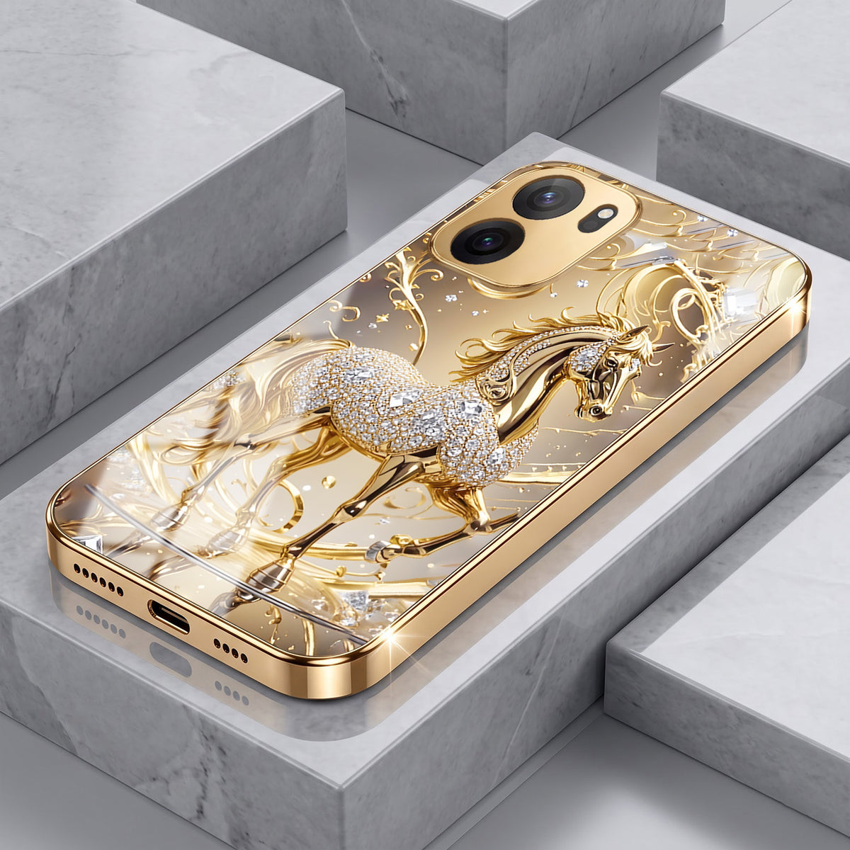OnePlus Nord CE6 5G Luxury Horse Texture Gold Electroplated Glass Phone Back Case