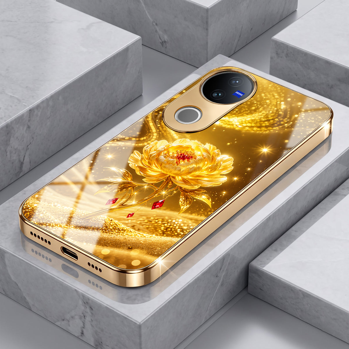 Vivo V50 5G Golden Rose Elegance Gold Electroplated Glass Phone Back Case