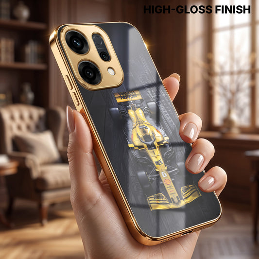 Oppo Reno 14 5G F1 Racing Car Gold Electroplated Glass Phone Back Case