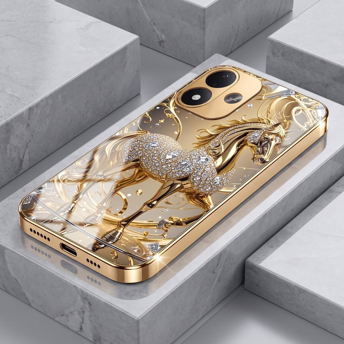 Redmi Note 17 5G Luxury Horse Texture Gold Electroplated Glass Phone Back Case