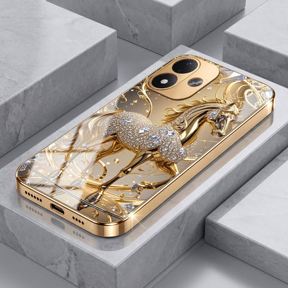 Redmi Note 17 5G Luxury Horse Texture Gold Electroplated Glass Phone Back Case