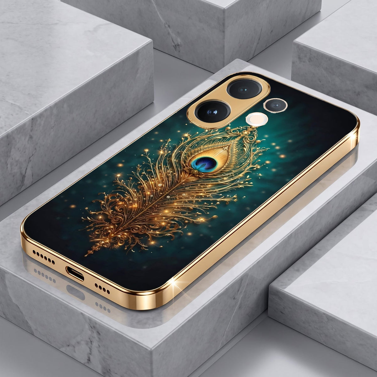 Vivo V60 5G Golden Peacock Feather Gold Electroplated Glass Phone Back Case