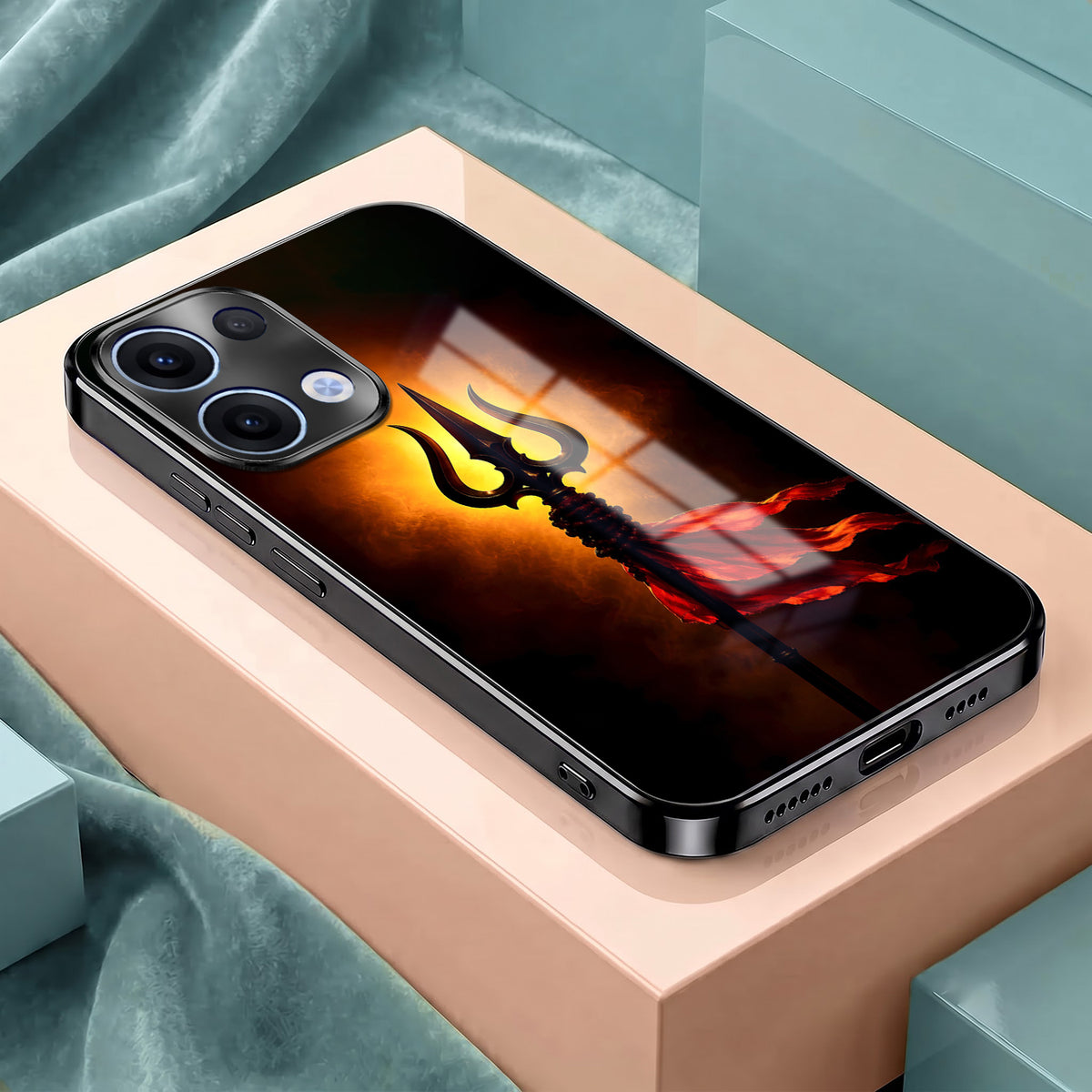 Oppo Reno 13 5G Divine Trishul Black Electroplated Glass Phone Back Case