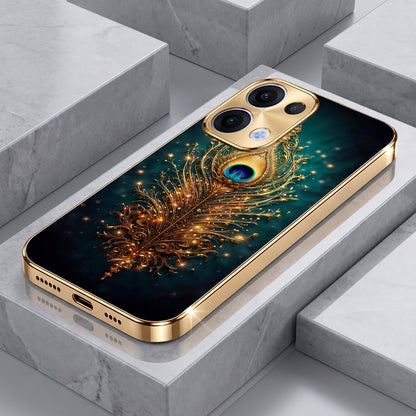 Oppo Reno 13 5G Golden Peacock Feather Gold Electroplated Glass Phone Back Case