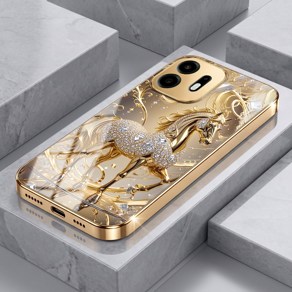 OnePlus N6 5G Luxury Horse Texture Gold Electroplated Glass Phone Back Case