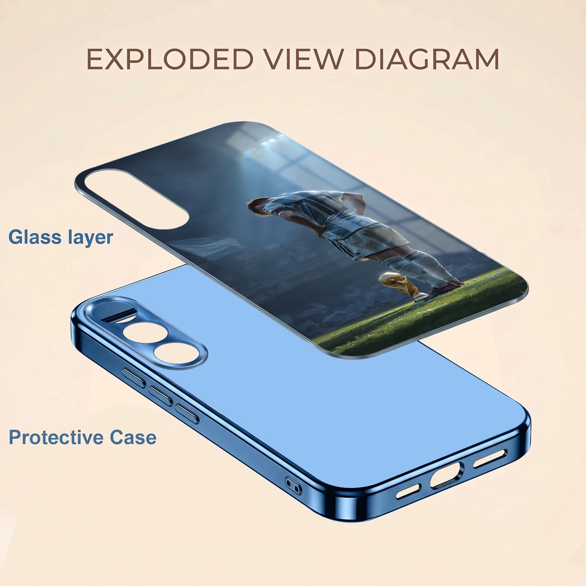 Vivo V70 FE 5G Football Champion Blue Electroplated Glass Phone Back Case