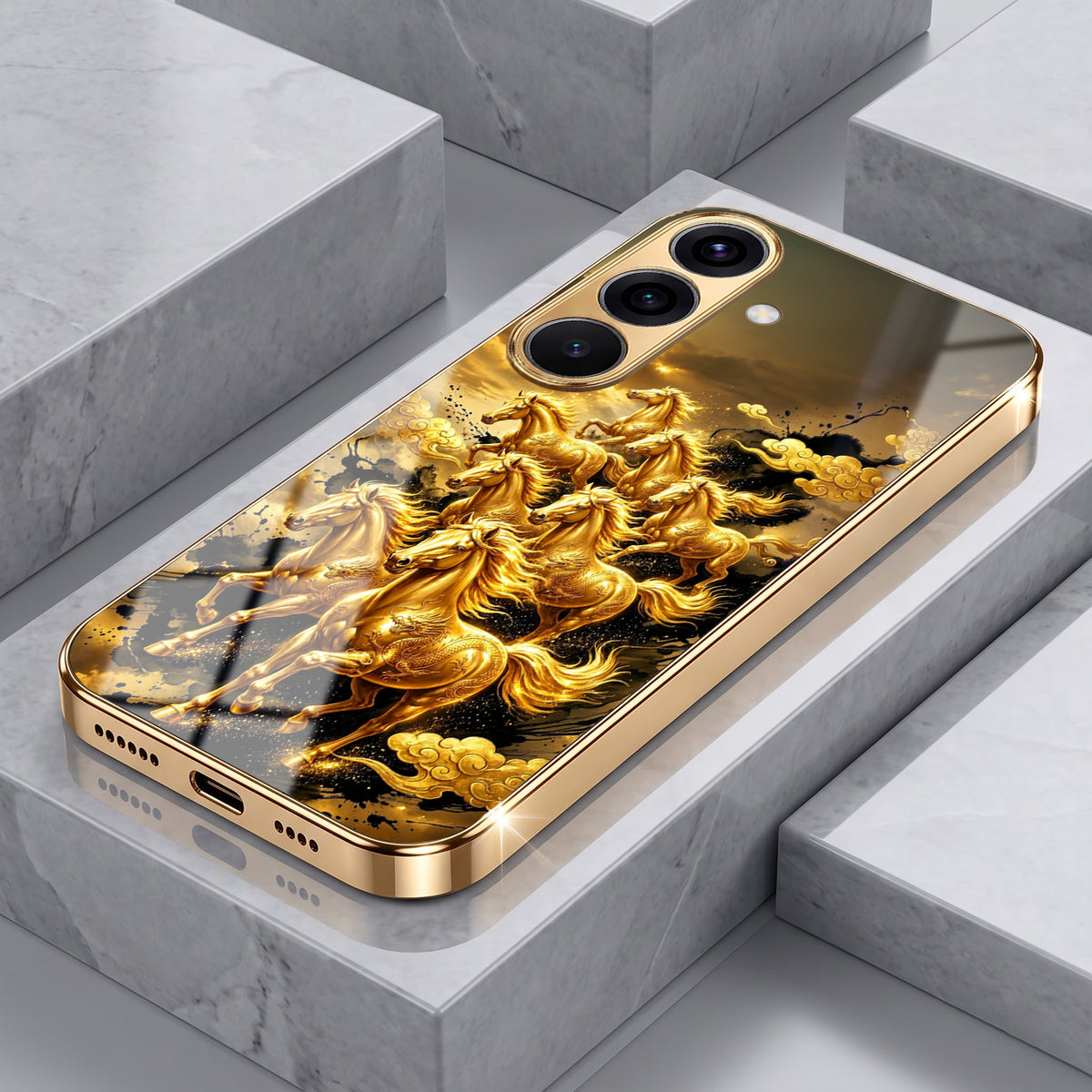 Samsung Galaxy A36 5G Horses Royal Glory Gold Electroplated Glass Phone Back Case