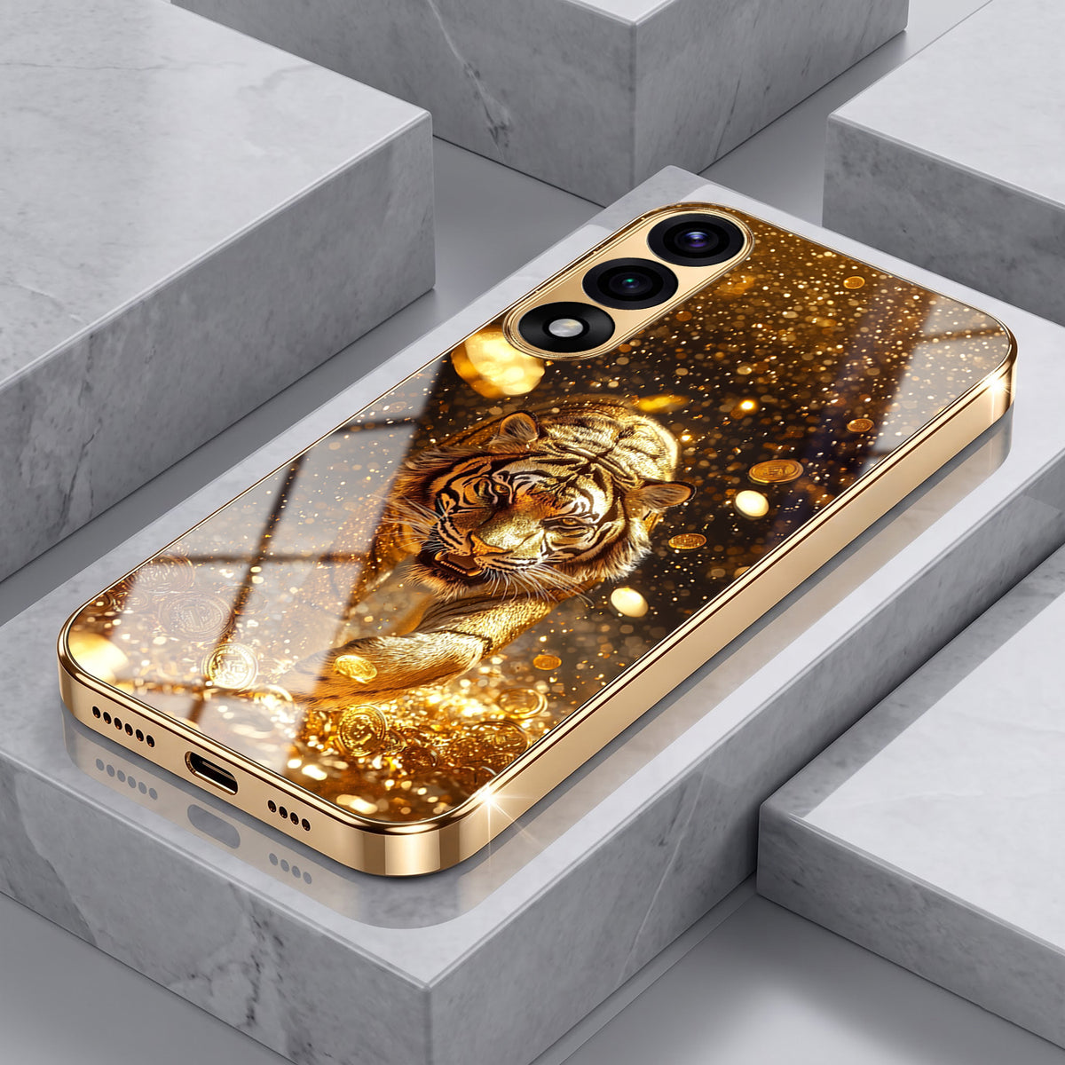 Oneplus Nord 5 5G Luxury Tiger Gold Electroplated Glass Phone Back Case