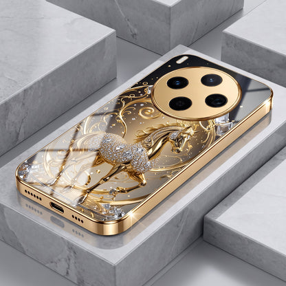 Vivo X300 5G Luxury Horse Texture Gold Electroplated Glass Phone Back Case