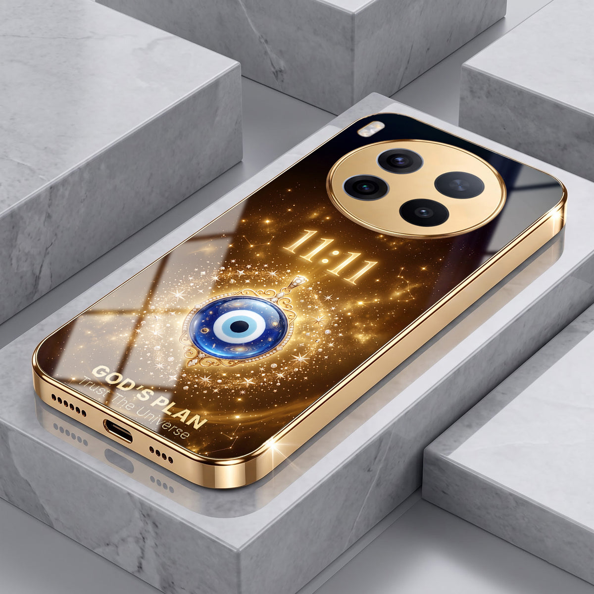 Vivo X300 Pro 5G God’s Plan Evil Eye Gold Electroplated Glass Phone Back Case