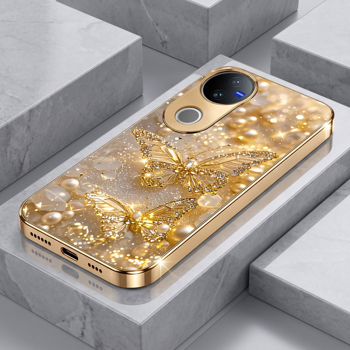 Vivo V50 5G Golden Butterfly Gold Electroplated Glass Phone Back Case