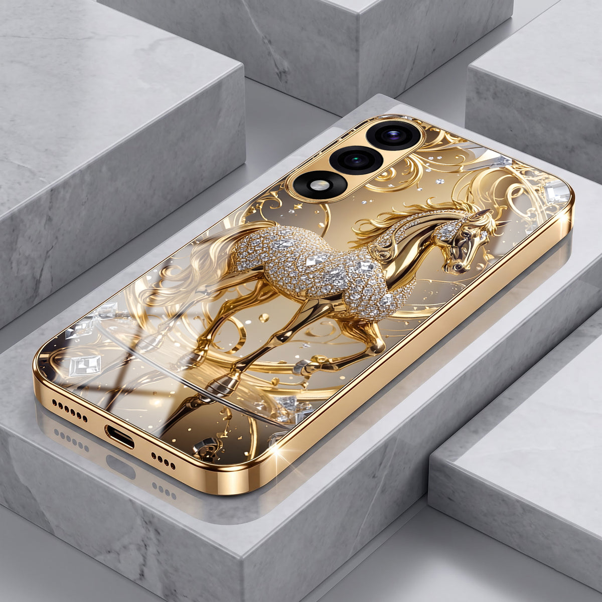 OnePlus Nord 5 5G Luxury Horse Texture Gold Electroplated Glass Phone Back Case