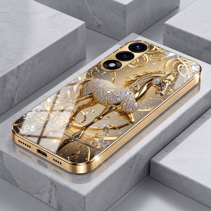 OnePlus Nord 5 5G Luxury Horse Texture Gold Electroplated Glass Phone Back Case