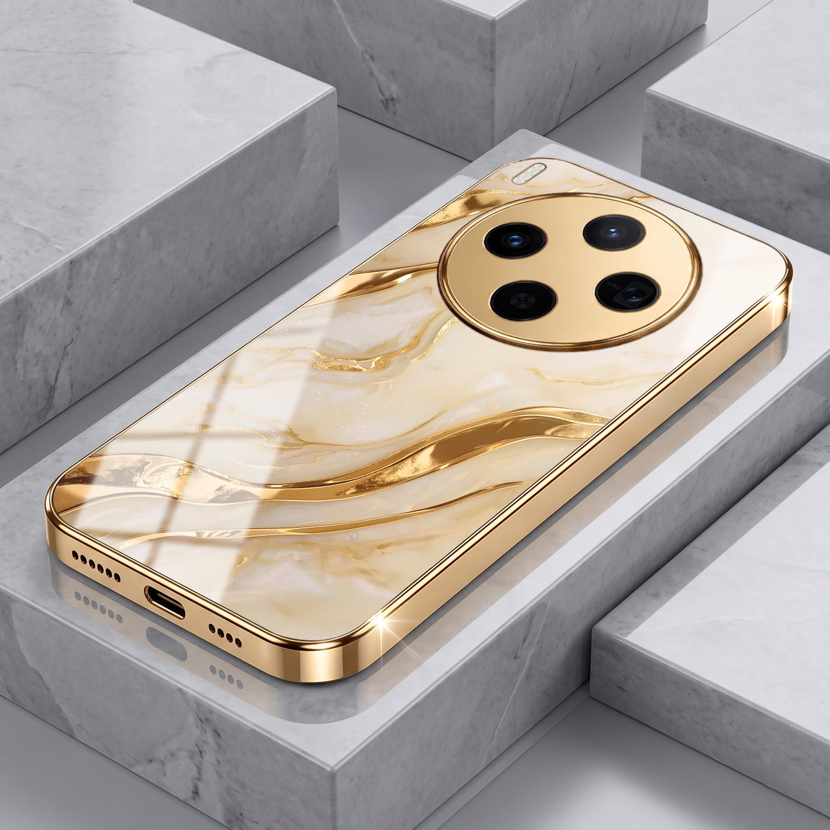 Vivo X300 5G Marvel Texture Gold Electroplated Glass Phone Back Case